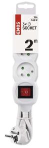 Predlžovací kábel 2m / 3 zásuvky / s vypínačom / biely / PVC / 1 mm2